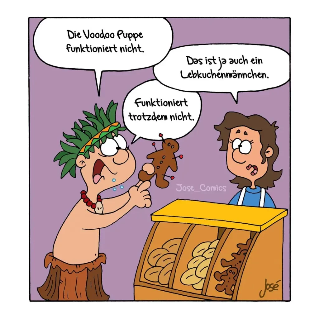 Schamane mit grünem Federschmuck hält Voodoo-Puppe eines Hundes, spricht mit Bäckerin hinter Theke
