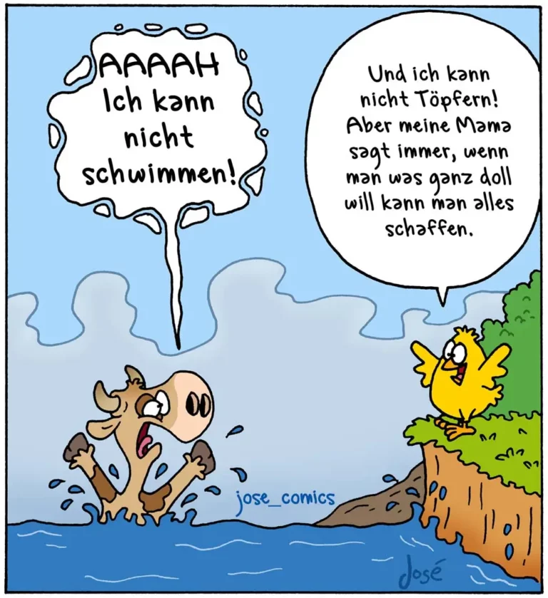Hund im Wasser schreit panisch «Ich kann nicht schwimmen!», gelbes Huhn am Ufer antwortet beruhigend