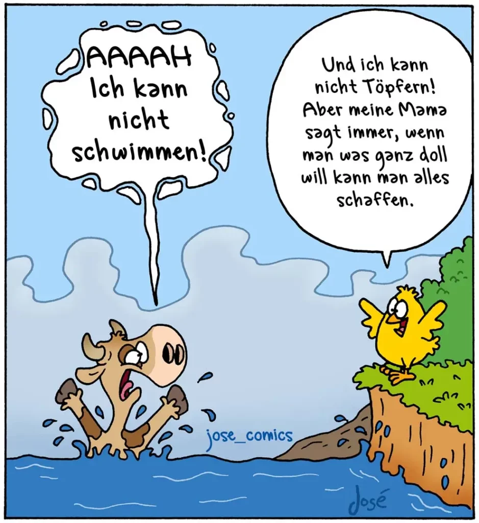 Hund im Wasser schreit panisch «Ich kann nicht schwimmen!», gelbes Huhn am Ufer antwortet beruhigend
