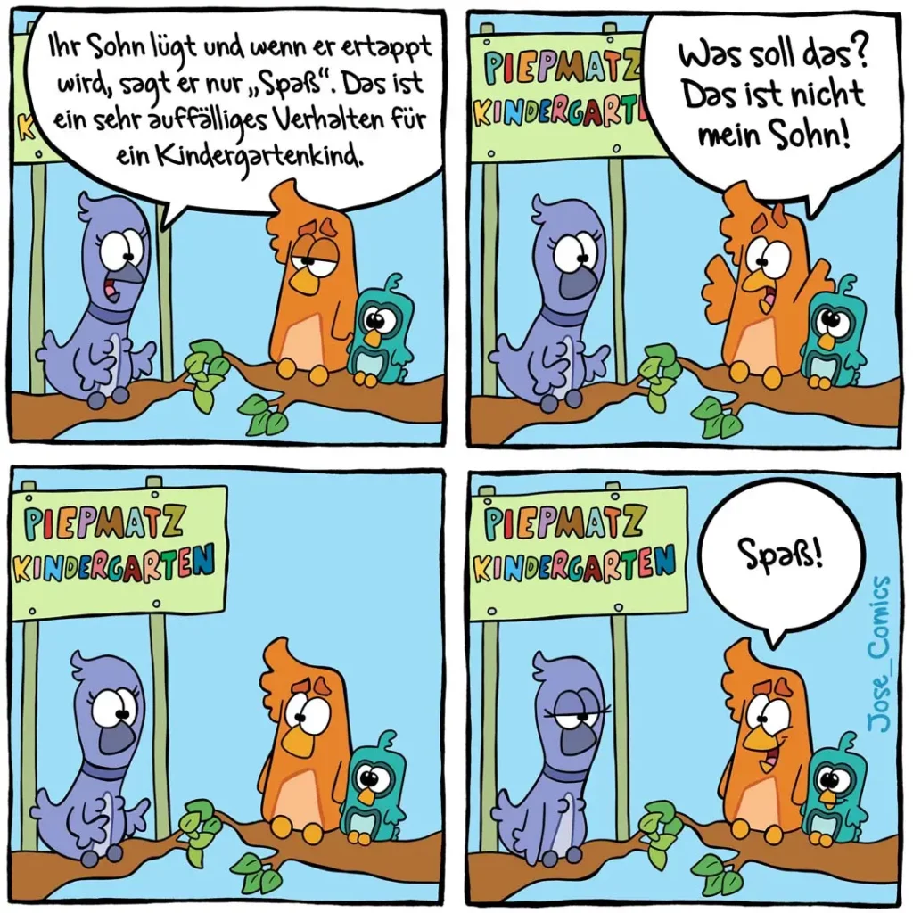 Vier Panels: Wurm erklärt Elterntier, dass ihr Sohn nur «Spasz» sagt. Elterntier wird wütend und sagt «Das ist nicht mein Sohn!». Im letzten Panel sagt der junge Wurm «Spasz!»