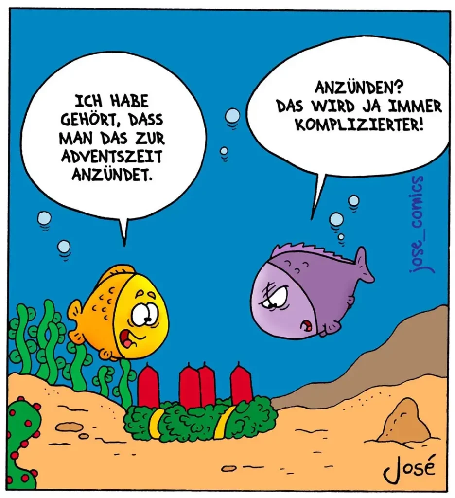 Zwei Fische unter Wasser unterhalten sich: gelber Fisch links sagt etwas, lila Fisch rechts antwortet entsetzt