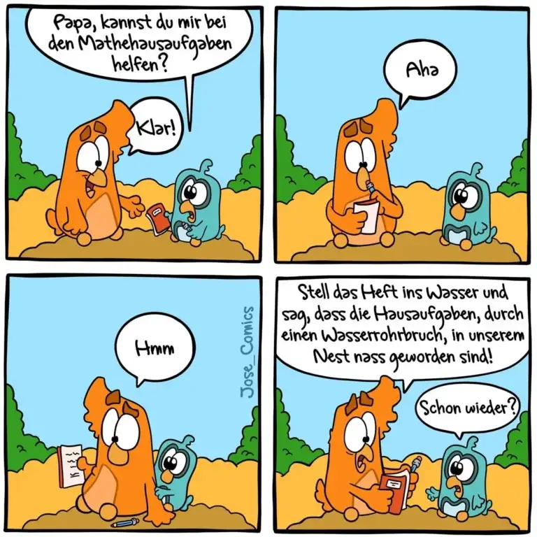 Orangefarbener Hund fragt kleinen blauen Hund um Hilfe bei Hausaufgaben, versucht dann mit Schulheft im Wasser, kleine Hund antwortet ungläubig