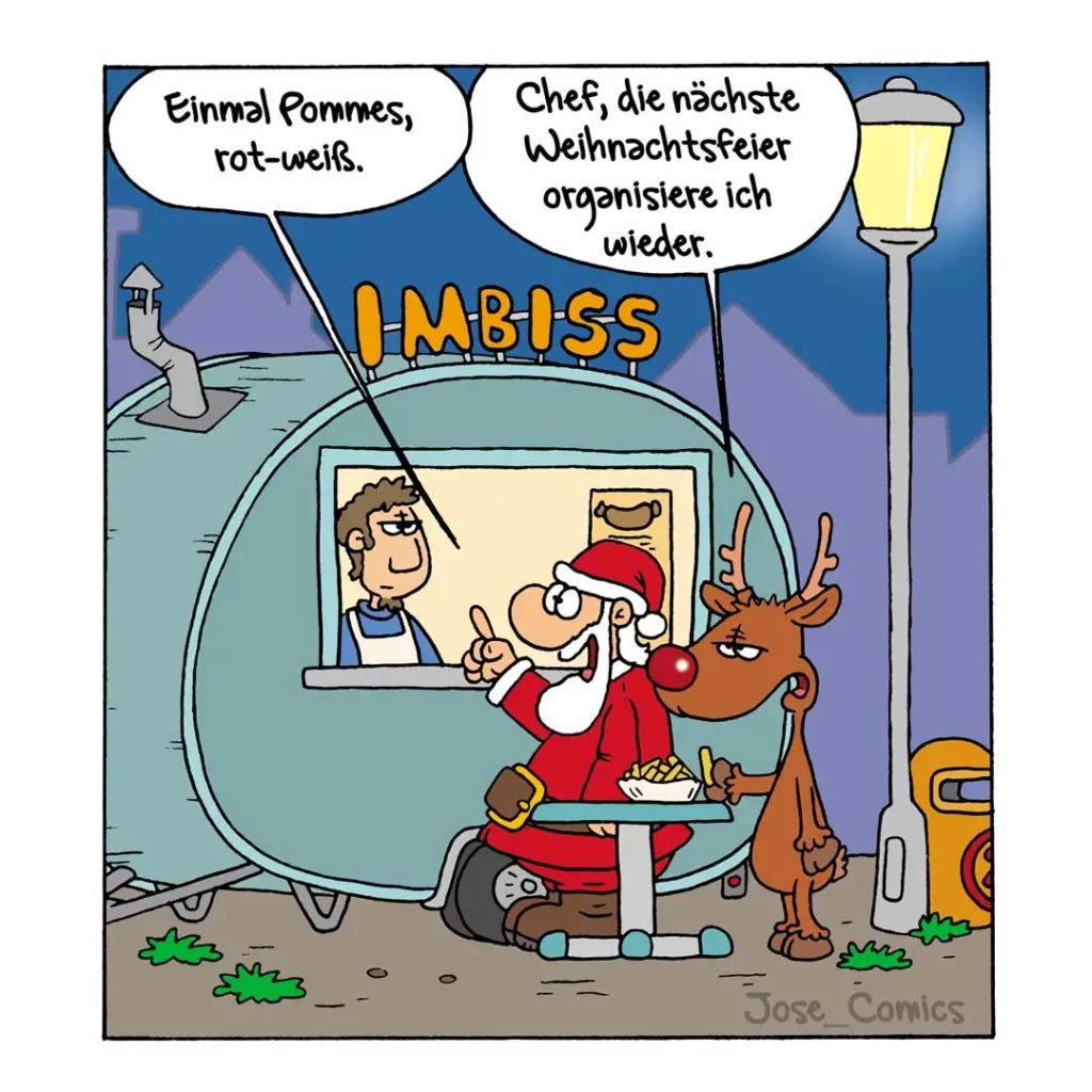 Der Weihnachtsmann sitzt in einem Wohnwagen und isst Pommes, Rudolph schaut mit hängenden Ohren zu