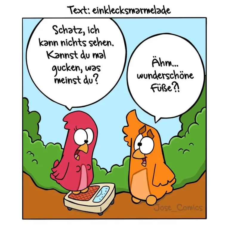 Roter Vogel sitzt auf einer Waage und kann nichts sehen, orangefarbener Vogel schaut verwundert auf dessen Füsse