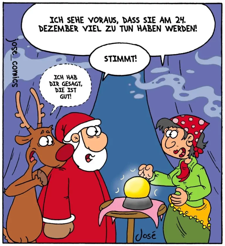 Weihnachtsmann und Rentier vor Wahrsagerin mit Glaskugel, die Frau sagt: «Ich sehe voraus, dass Sie am 24. Dezember viel zu tun haben werden!»