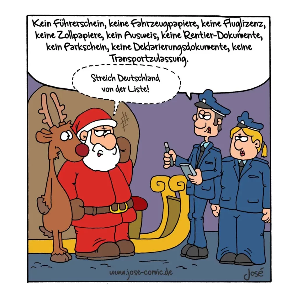 Der Weihnachtsmann mit Rentier wird von zwei Polizisten kontrolliert, die eine lange Liste von fehlenden Dokumenten vorlesen