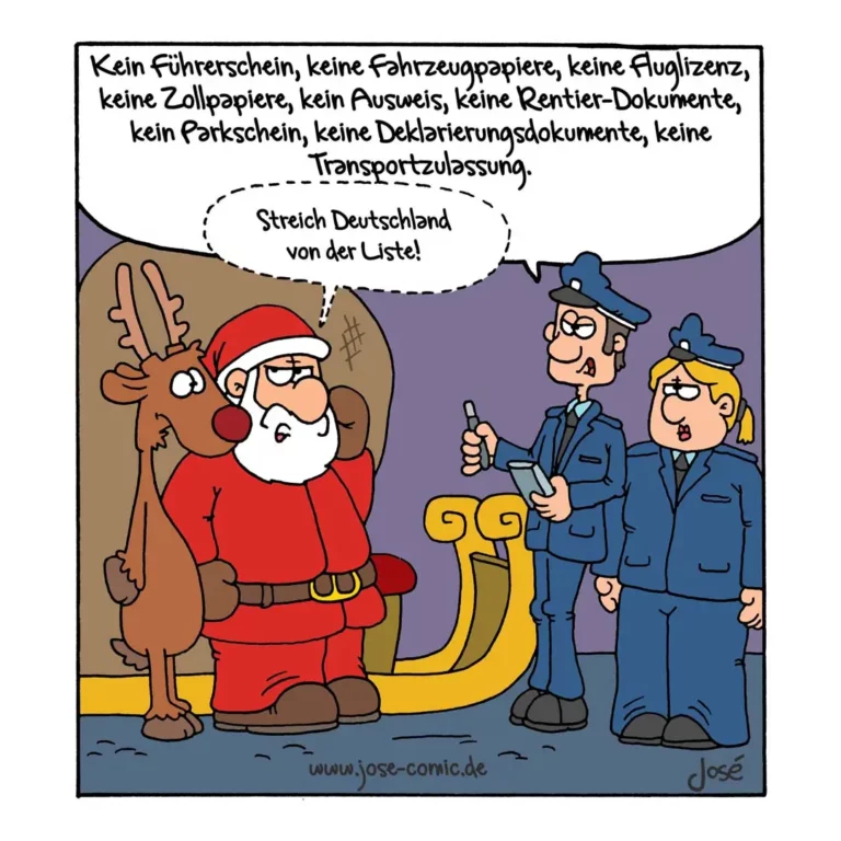 Der Weihnachtsmann mit Rentier wird von zwei Polizisten kontrolliert, die eine lange Liste von fehlenden Dokumenten vorlesen