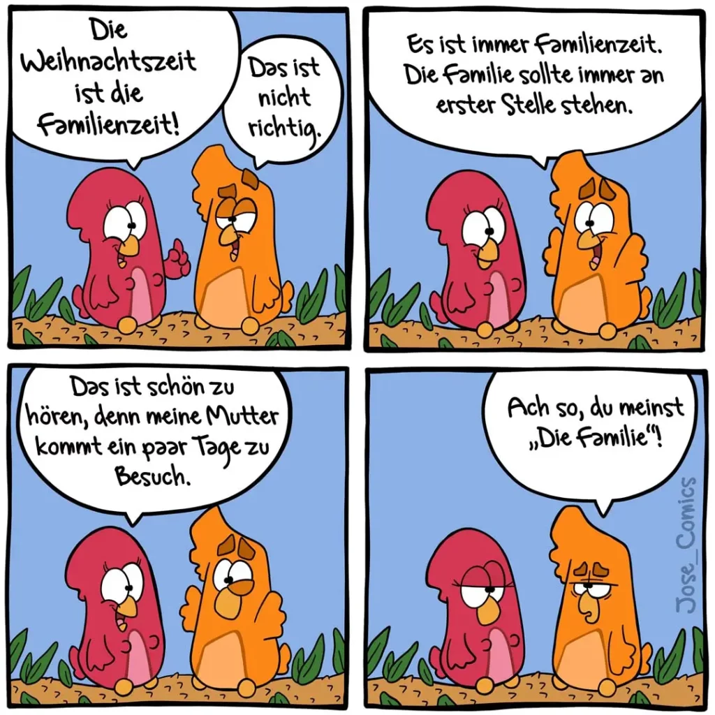 Zwei bunte Vögel unterhalten sich: Der rote Vogel sagt, Weihnachtszeit sei Familienzeit, der orange Vogel widerspricht. Im dritten Panel freut sich der rote Vogel auf Besuch der Mutter, der orange meint trocken: 'Ach so, du meinst Die Familie?'
