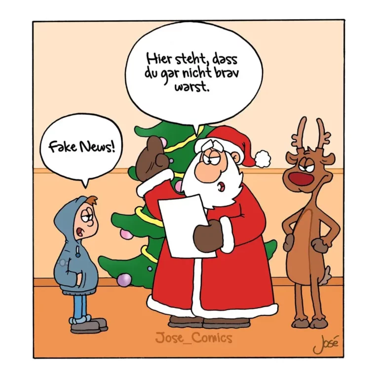 Weihnachtsmann mit Liste spricht zu Kind und Rentier, beide rufen 'Fake News!' und 'Hier steht, dass du gar nicht brav warst'