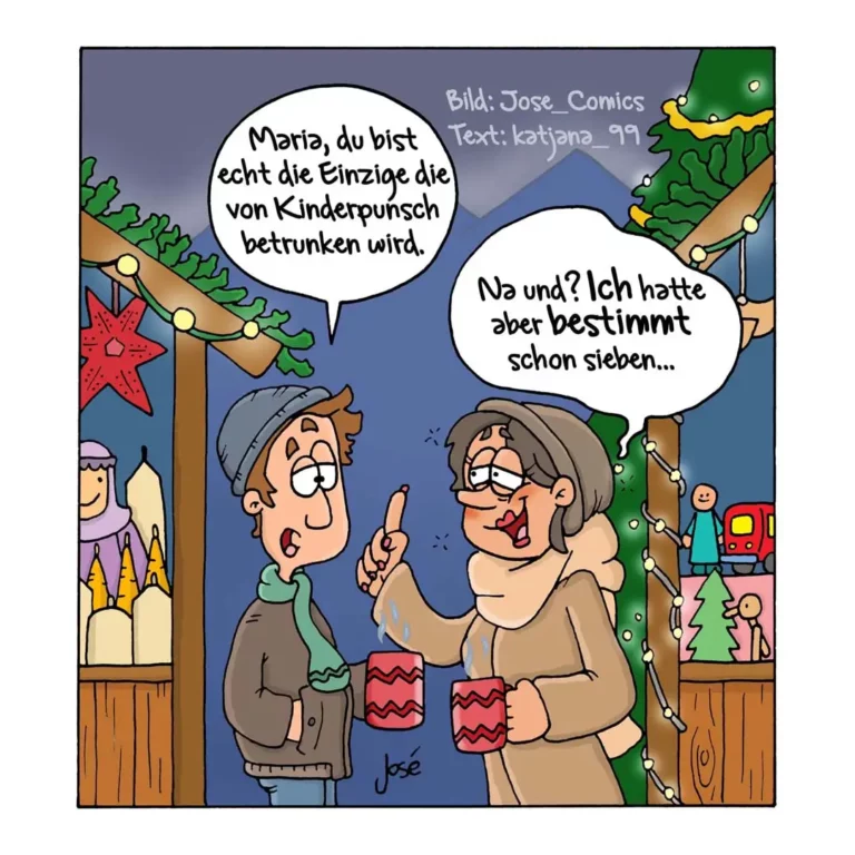 Zwei Personen in Winterkleidung mit Glühwein auf Weihnachtsmarkt, eine spricht zur anderen