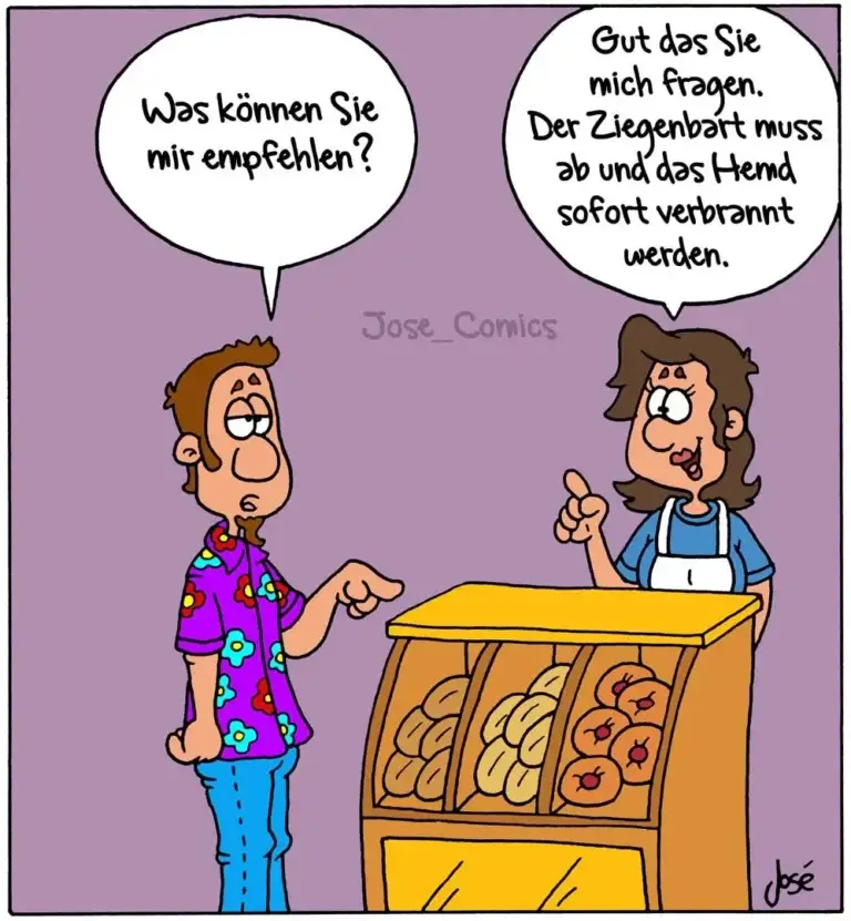 Kunde in buntem Hemd fragt Bäckerin hinter Theke nach Empfehlungen, Bäckerin antwortet mit strengem Blick