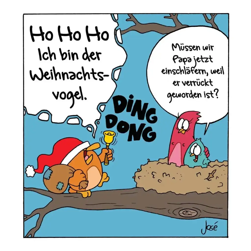 Weihnachtsvogel mit rotem Hut und Glocke klingelt an Vogelloch in Baum, zwei bunte Vögel schauen verwirrt heraus