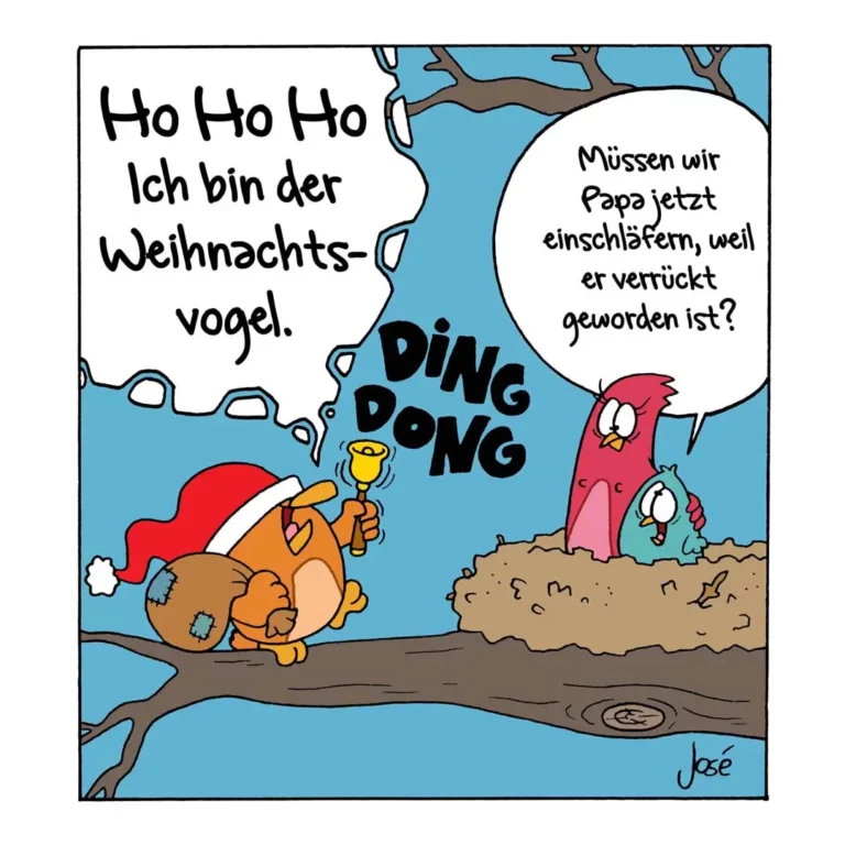 Weihnachtsvogel mit rotem Hut und Glocke klingelt an Vogelloch in Baum, zwei bunte Vögel schauen verwirrt heraus