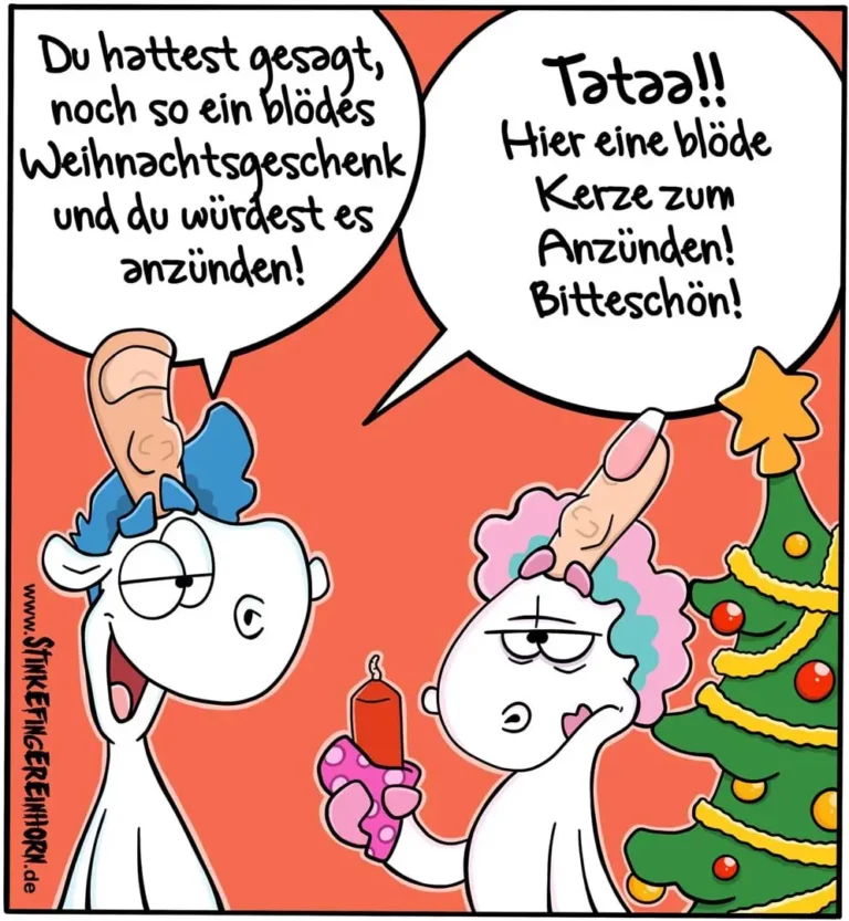 Zwei Cartoon-Figuren vor Weihnachtsbaum: eine mit blauem Haar hält eine Kerze, die andere mit rosa Haaren hält eine Spraydose und grinst mischievous