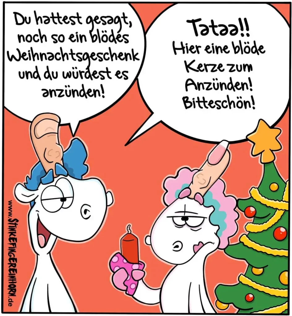 Zwei Cartoon-Figuren vor Weihnachtsbaum: eine mit blauem Haar hält eine Kerze, die andere mit rosa Haaren hält eine Spraydose und grinst mischievous