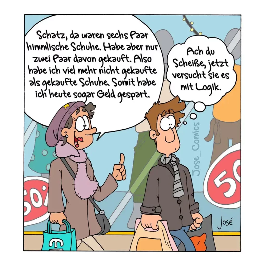 Zwei Personen in einem Geschäft: Frau erklärt Mann ihre Schuh-Einkaufs-Logik mit Fingerzeig, Mann schaut ungläubig