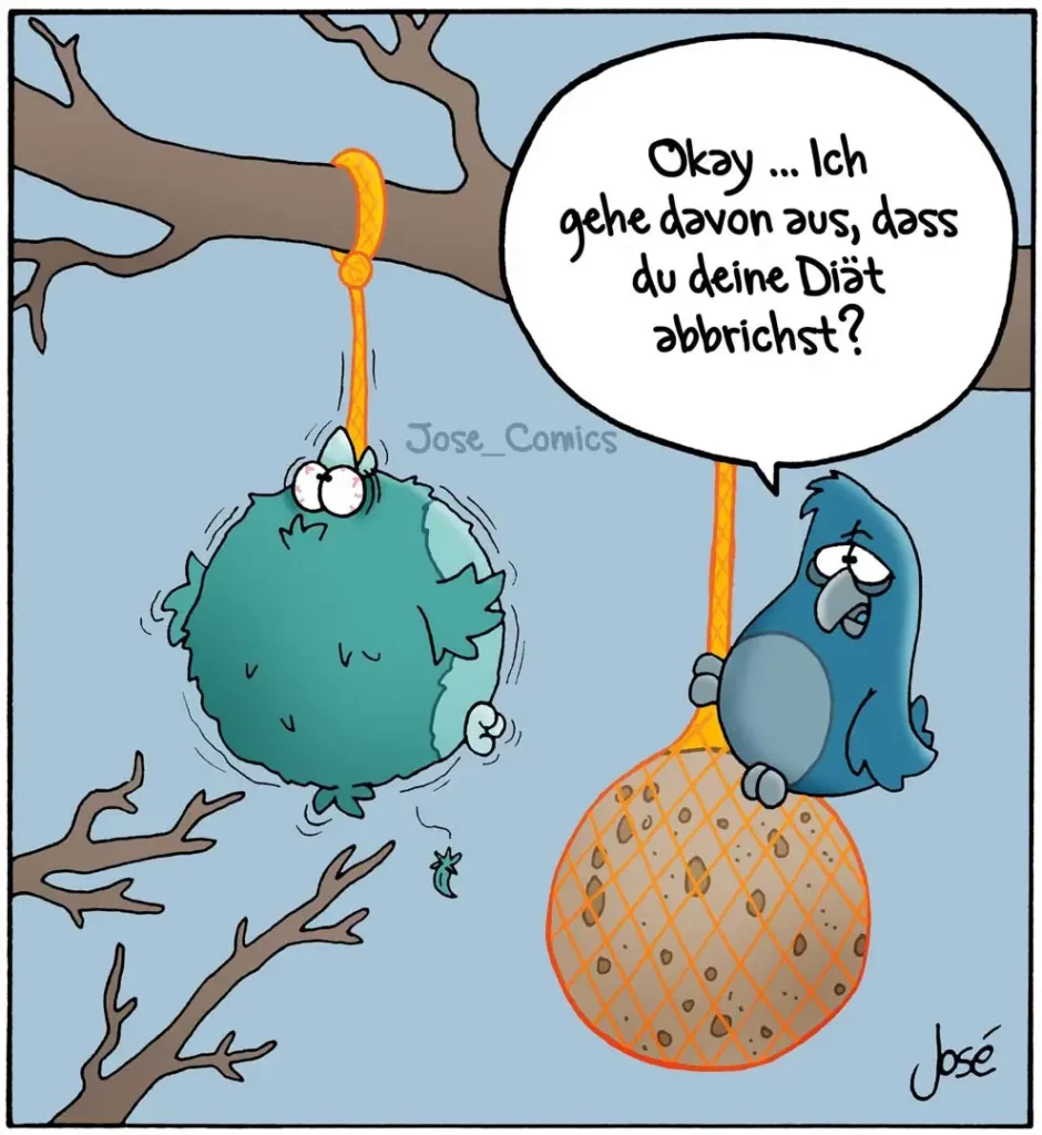 Zwei blaue Vögel hängen in Netzen an einem Ast, einer fragt den anderen: «Okay ... ich gehe davon aus, dass du deine Diät abbrichst?»
