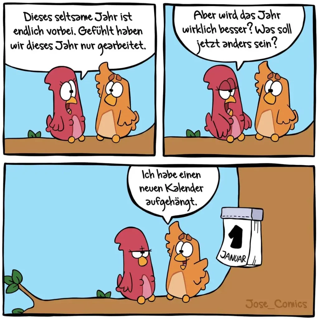 Zwei Vögel (rot und orange) im Gespräch: Der rote Vogel wirkt erschöpft, der orange Vogel hält einen neuen Kalender mit Januar 1 in die Luft.