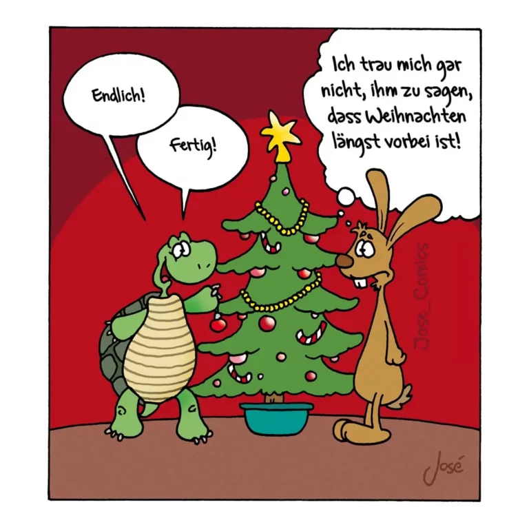 Schildkröte und Hase stehen vor geschmücktem Weihnachtsbaum, beide sagen etwas zu einander