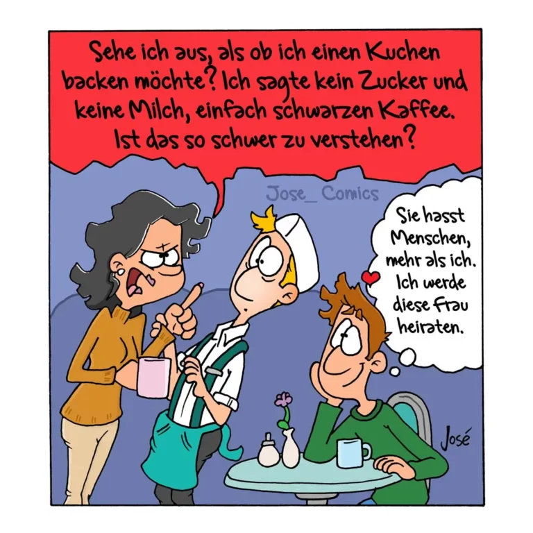 Frau mit Kaffeetasse spricht mit Arzt und Mann am Tisch. Mann sitzt verliebt lächelnd da, Arzt hält Stethoskop.