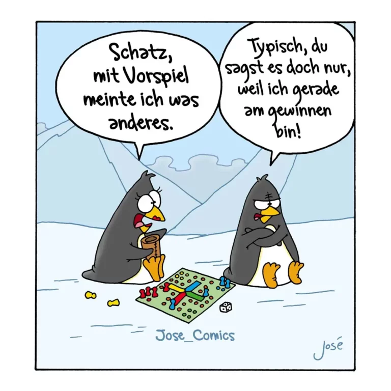 Zwei Pinguine spielen Brettspiel im Schnee. Linker Pinguin hält Würfel, rechter sitzt mit verschränkten Flossen da.