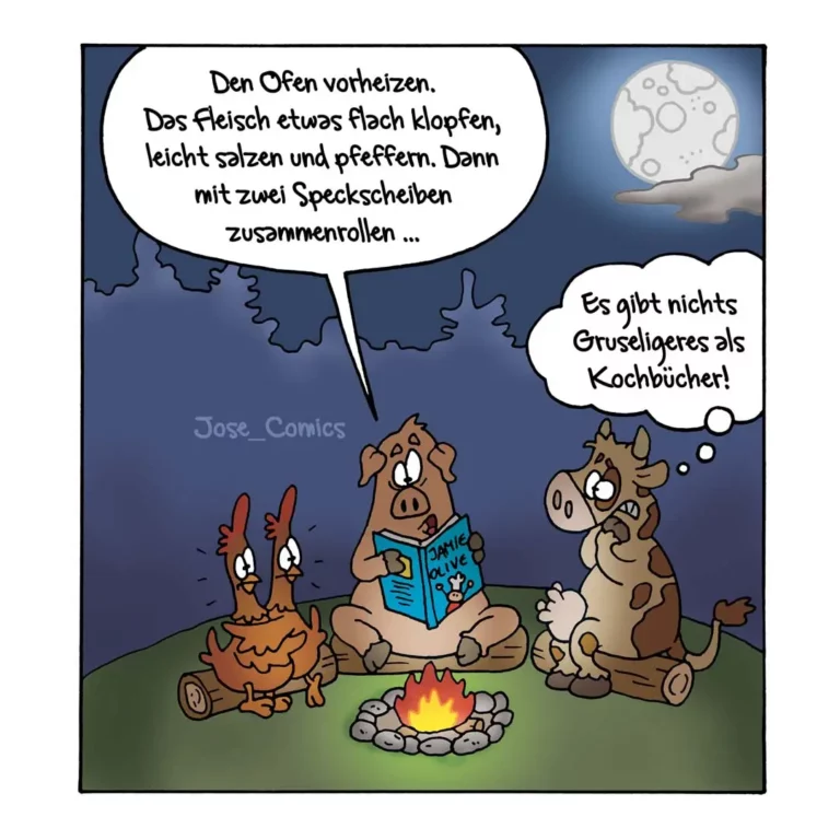 Wildschwein liest Kochbuch am Lagerfeuer, zwei Hunde sitzen daneben. Wildschwein erklärt Fleischzubereitung, Hund antwortet: Es gibt nichts Gruseligeres als Kochbücher
