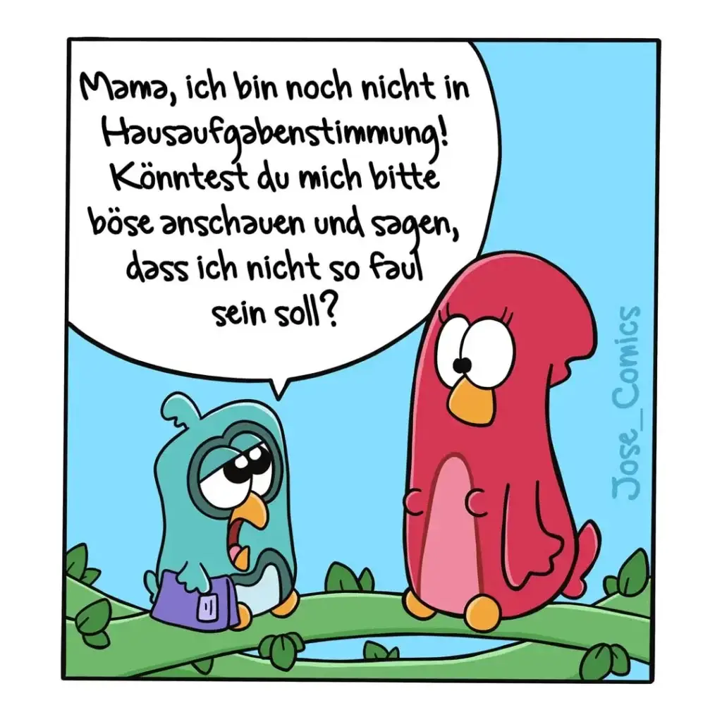 Kleiner türkiser Vogel mit Rucksack schaut ängstlich auf grossen roten Vogel und sagt etwas