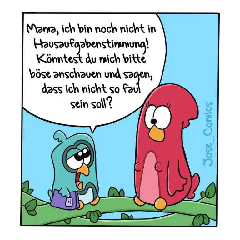 Kleiner türkiser Vogel mit Rucksack schaut ängstlich auf grossen roten Vogel und sagt etwas