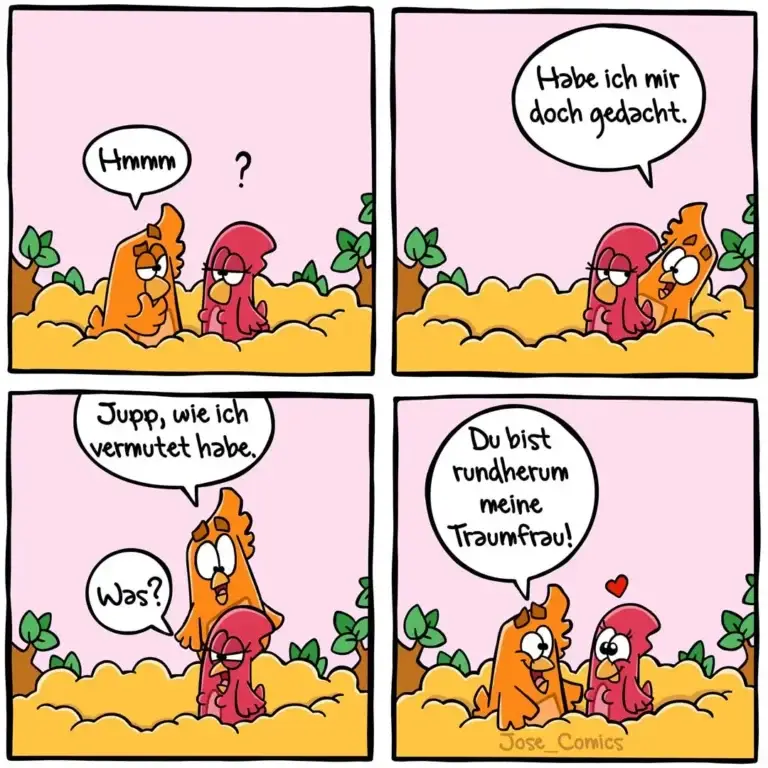 Orangefarbener und roter Charakter im Sand: Orange sagt verlegen «Hmmm?», dann «Jupp, wie ich vermutet habe», Orange ruft «Du bist fundherum meine Traumfrau!»