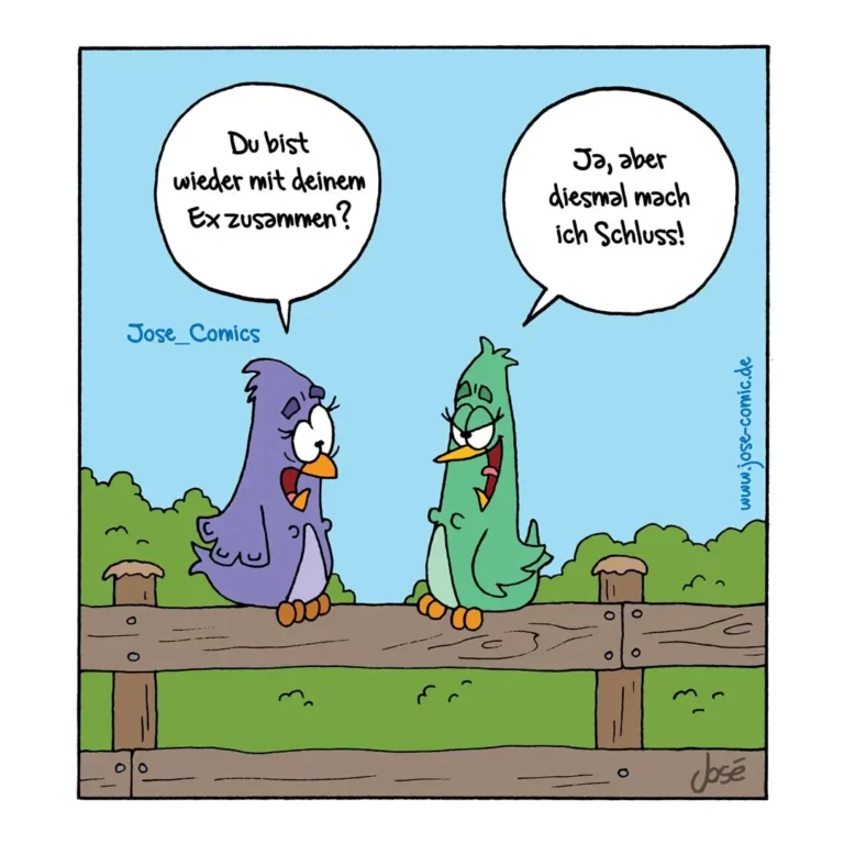 Zwei Vögel sitzen auf einem Zaun: ein lila Vogel fragt einen grünen Vogel, ob er wieder mit seinem Ex zusammen ist