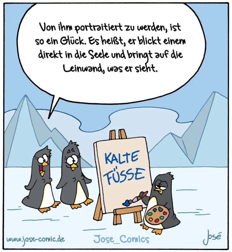 Drei Pinguine im Schnee: zwei schauen zu, einer malt ein Porträt auf einer Staffelei mit der Aufschrift «KALTE FÜSSE»