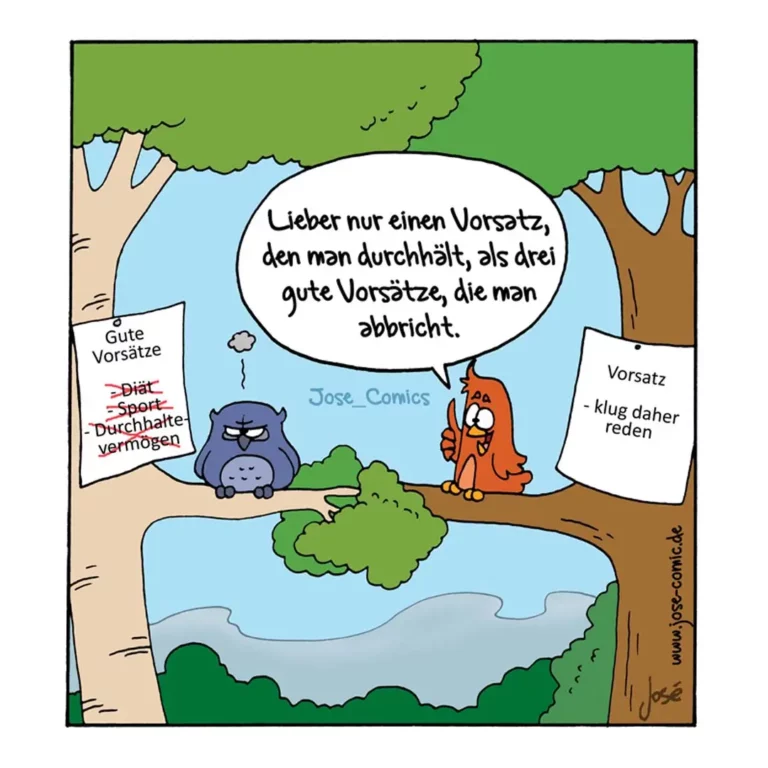 Eule sitzt nachdenklich am Fluss, Hund daneben. Links Schild mit durchgestrichenen Vorsätzen (Diät, Sport, Durchhaltevermögen), rechts Schild mit einem Vorsatz.