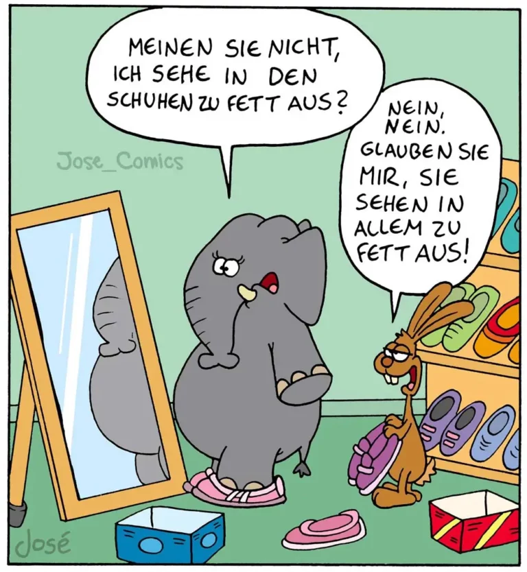 Elefant steht vor Spiegel in Schuhladen, schaut auf seine Füsse, Verkäufer gestikuliert nervös daneben