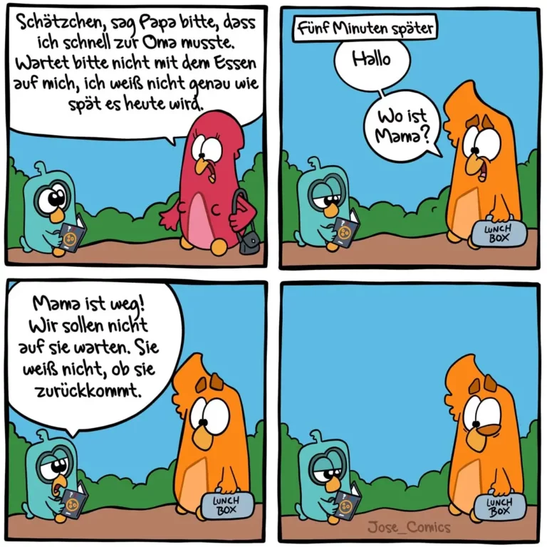 Blauer Hund erklärt rotem Vogel am Telefon, dass Mama weg ist. Fünf Minuten später erscheint orangefarbener Vogel mit Lunchbox und fragt nach Mama.