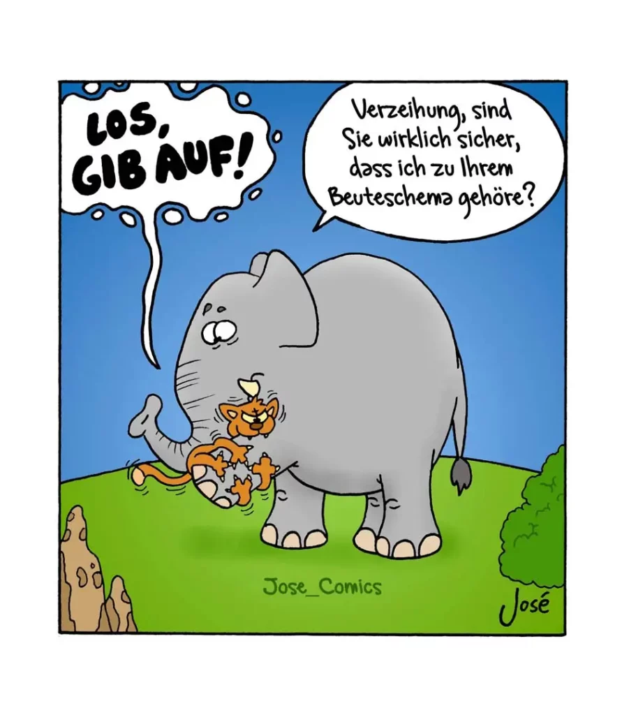 Elefant hält kleine Tiger-Figur in der Hand, Tiger ruft «Los, gib auf!», Elefant antwortet verwirrt