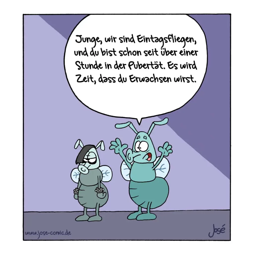 Zwei anthropomorphe Insekten im Comic-Stil: eine graubraune und eine türkise. Die türkise gestikuliert wild und spricht in eine Sprechblase.