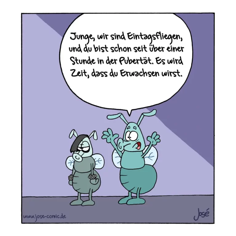 Zwei anthropomorphe Insekten im Comic-Stil: eine graubraune und eine türkise. Die türkise gestikuliert wild und spricht in eine Sprechblase.