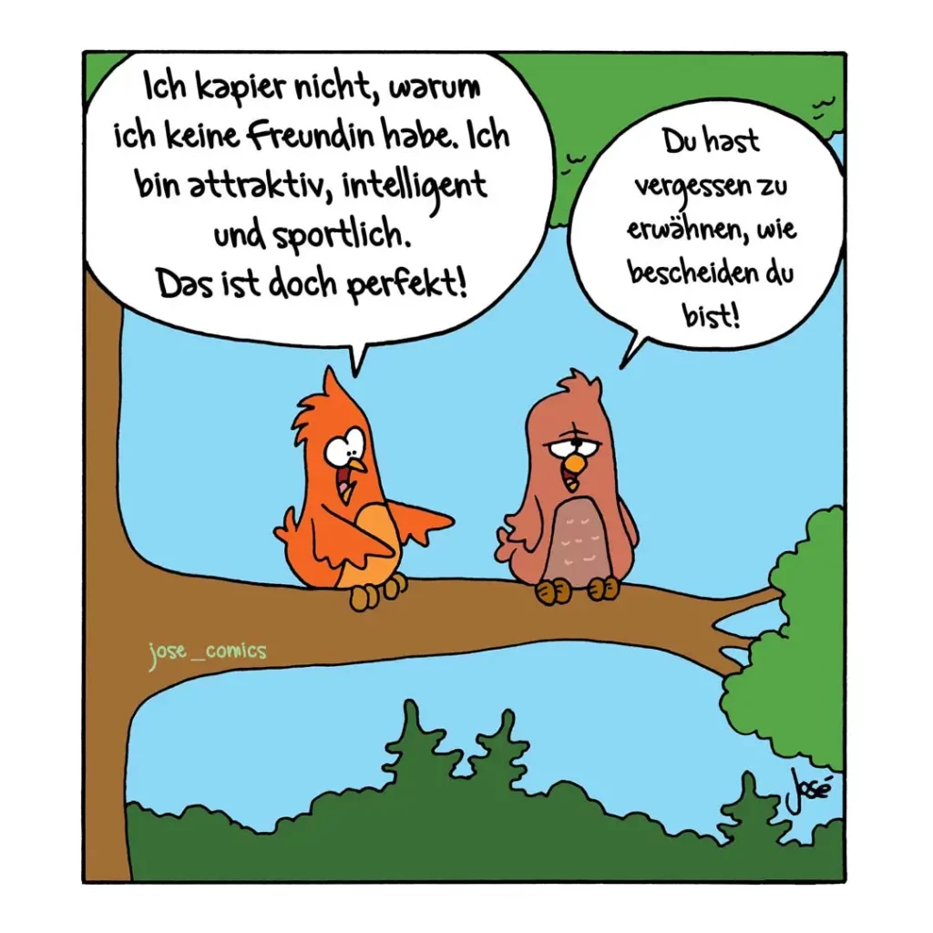 Zwei Vögel sitzen auf einem Ast: ein orangefarbener Vogel erklärt dem braunen Vogel, warum er keine Freundin hat; der braune Vogel antwortet trocken