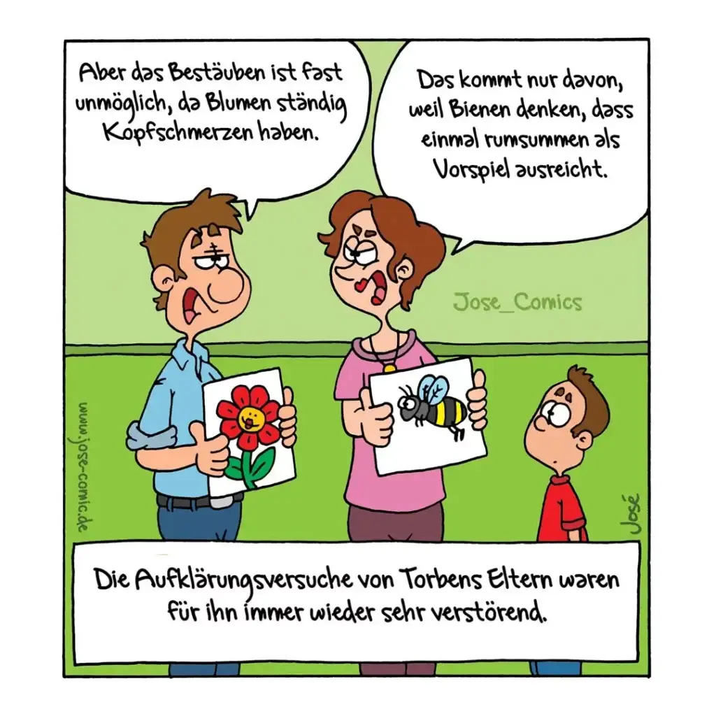 Zwei Erwachsene diskutieren: Mann hält Bild mit roter Blume, Frau hält Bild mit Biene. Kind schaut zu.