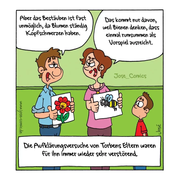 Zwei Erwachsene diskutieren: Mann hält Bild mit roter Blume, Frau hält Bild mit Biene. Kind schaut zu.