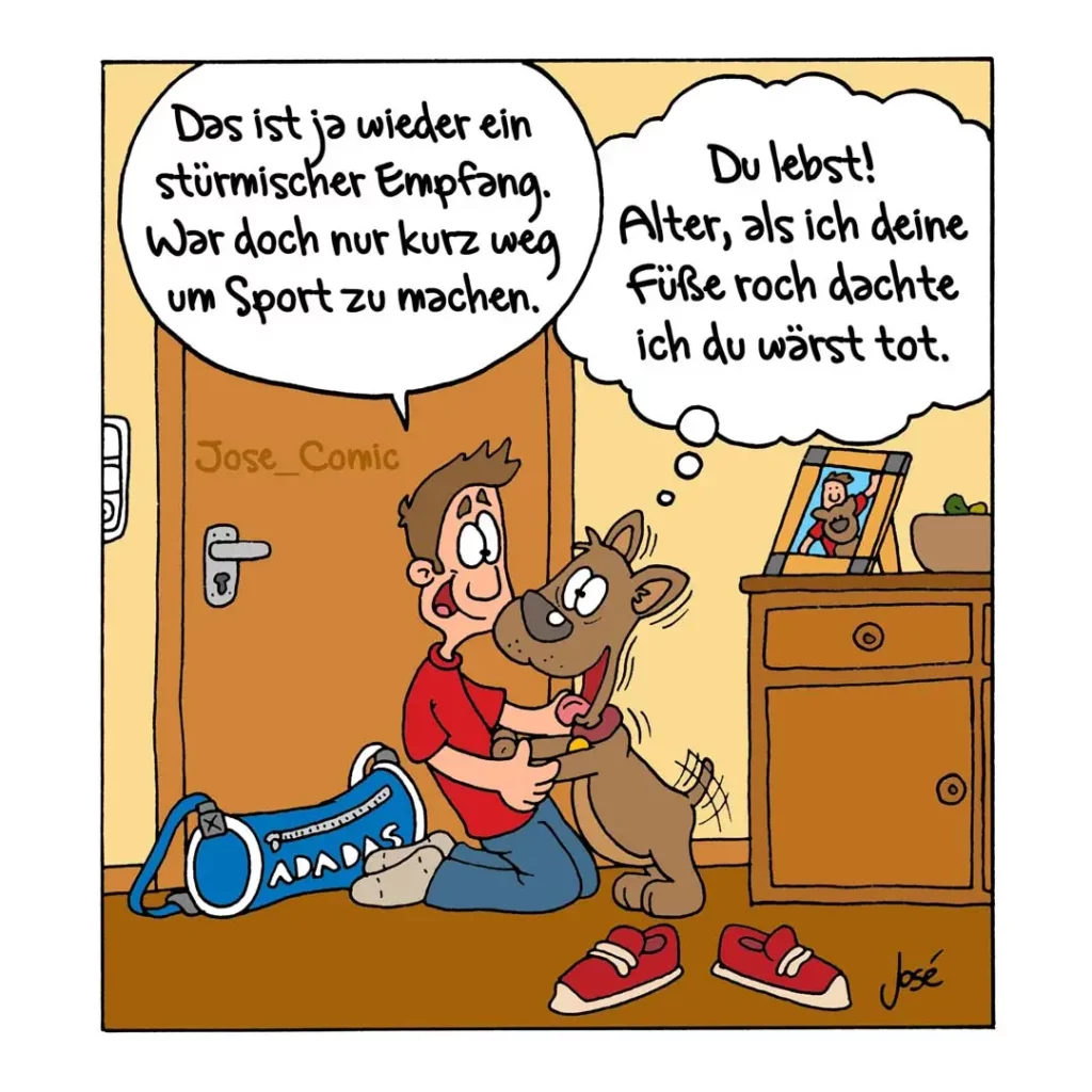 Mann in Sportkleidung sitzt mit Hund auf dem Boden, Sportausrüstung liegt herum, älterer Mann schaut aus dem Fenster