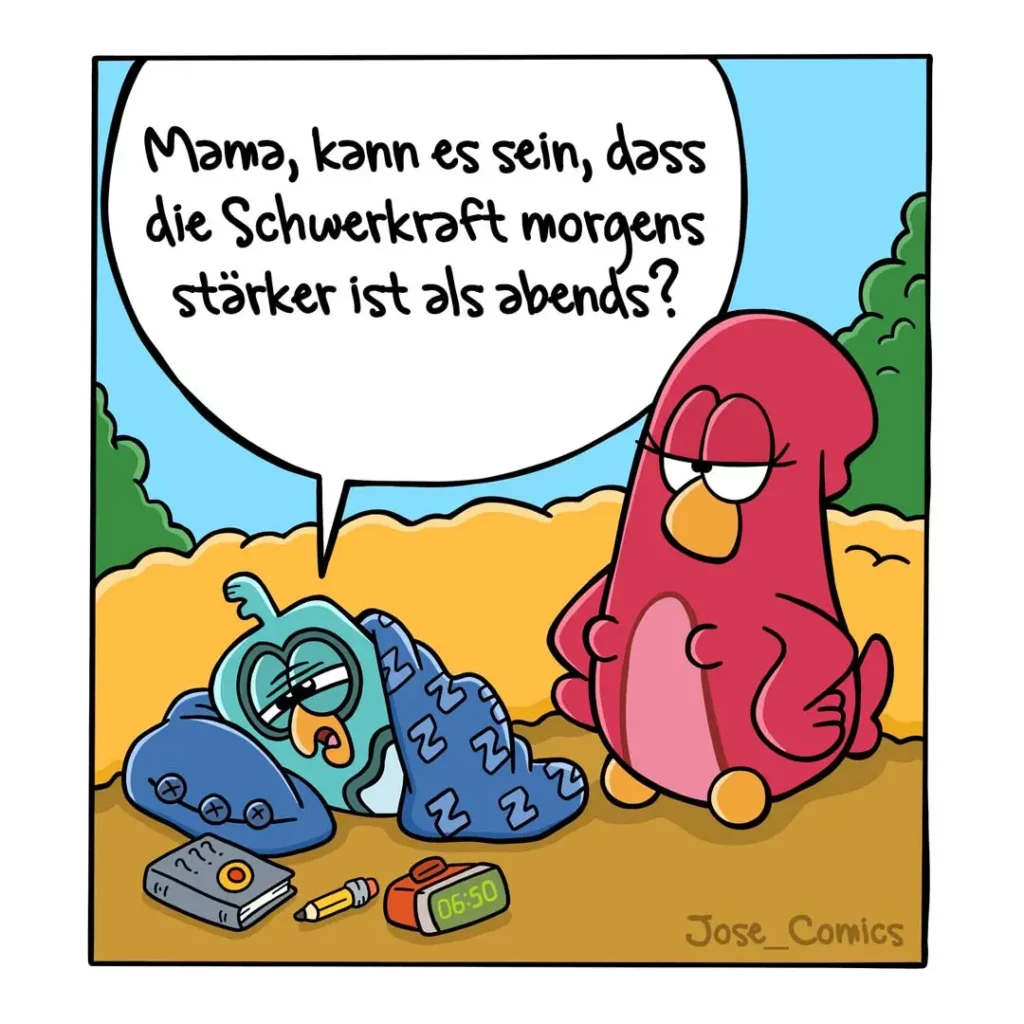 Roter Vogel sitzt am Strand neben blauem schlafendem Vogel mit Kopfhörern und Trainingsunterlagen, fragt besorgt nach Schwerkraft morgens