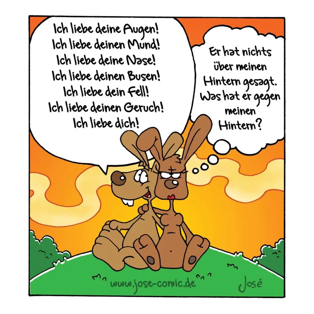 Zwei braune Hunde sitzen zusammen, einer spricht Liebesworte, der andere antwortet beleidigt über seinen Hintern