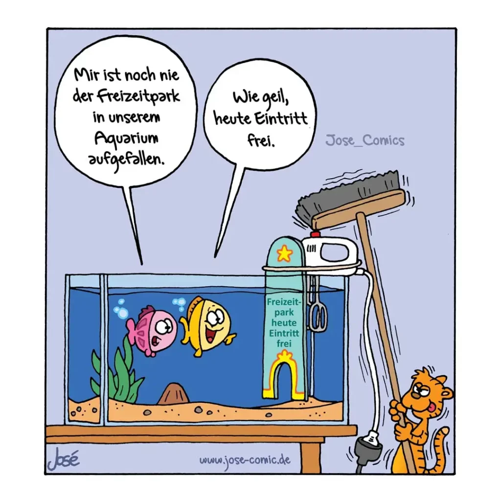 Katze schaut durch Aquarium-Fenster auf zwei bunte Fische. Daneben ein Schild «Freizeitpark heute Eintritt frei». Katze leckt sich die Lippen.