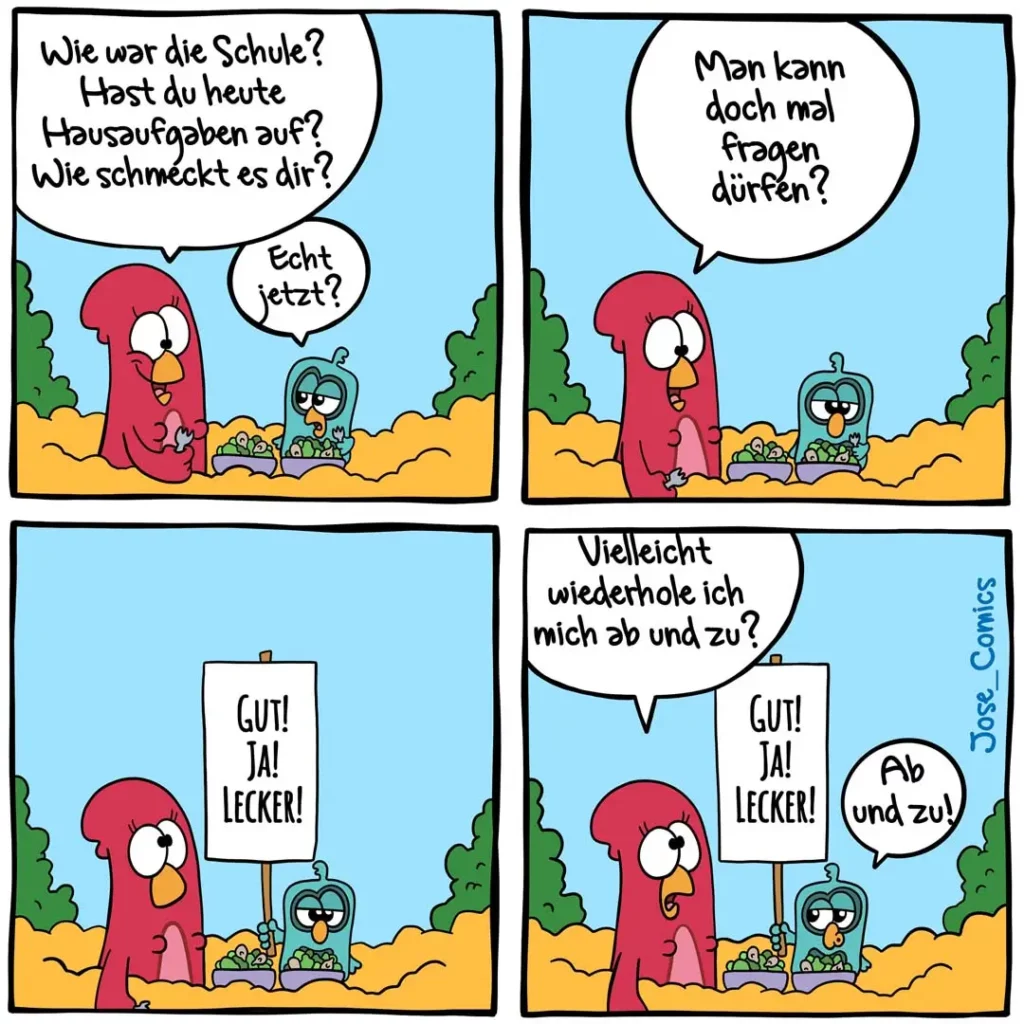 Roter Vogel fragt blauen Vogel nach Hausaufgaben und Schulstoff, blauer Vogel antwortet zunächst kurz, dann hält roter Vogel Schild mit «GUT! JA! LECKER!» – blauer Vogel stimmt am Ende zu.