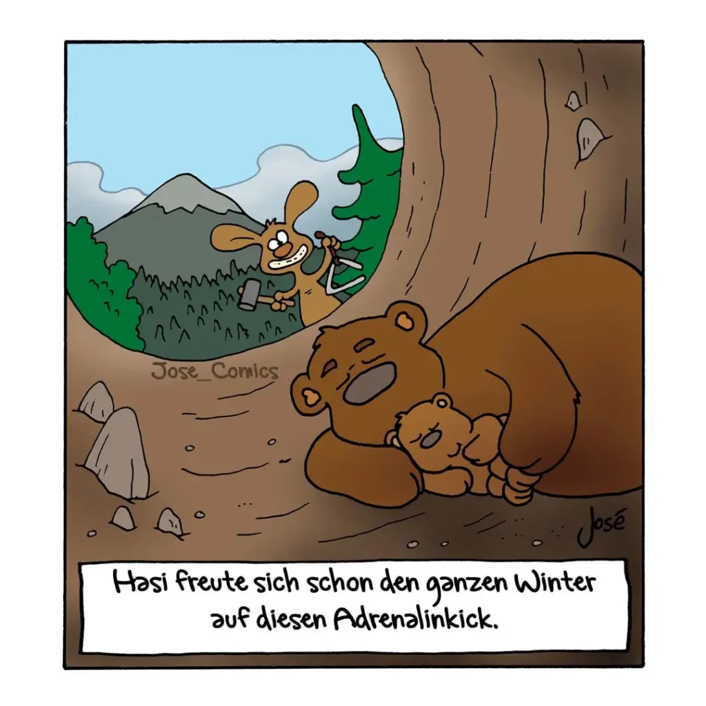 Braunbär mit Jungem in einer Höhle, im Hintergrund ein Hase mit Rucksack in alpiner Landschaft