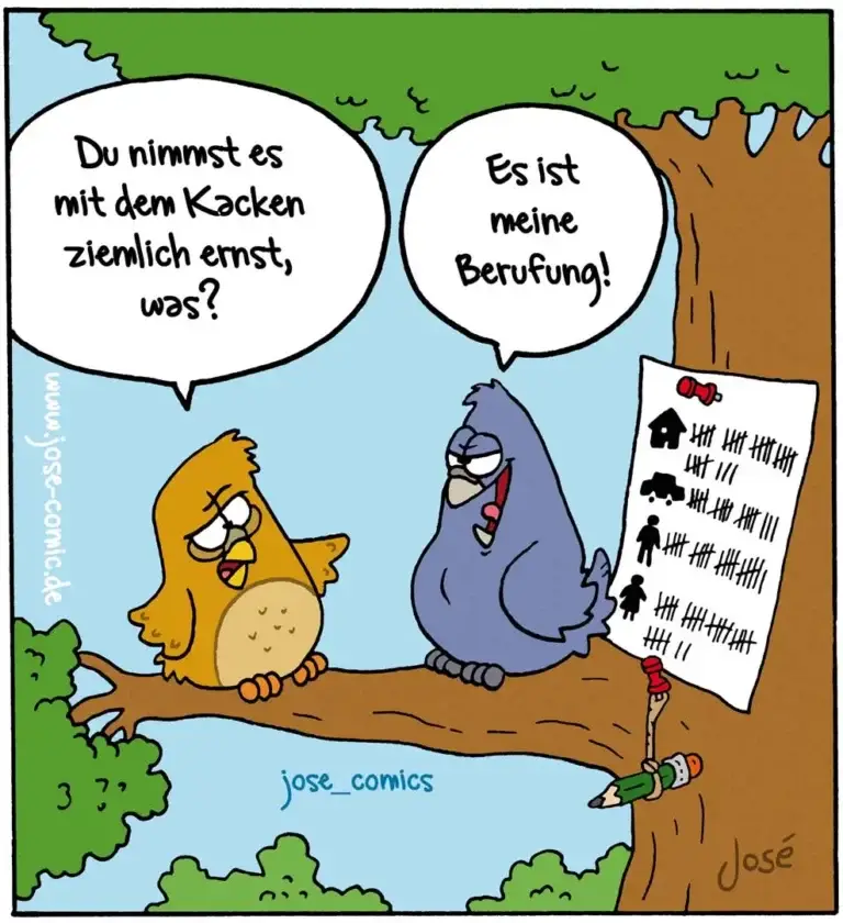 Zwei Vögel auf einem Ast: gelber Vogel hält eine Liste mit Strichlisten, blauer Vogel deutet darauf und sagt stolz etwas dazu