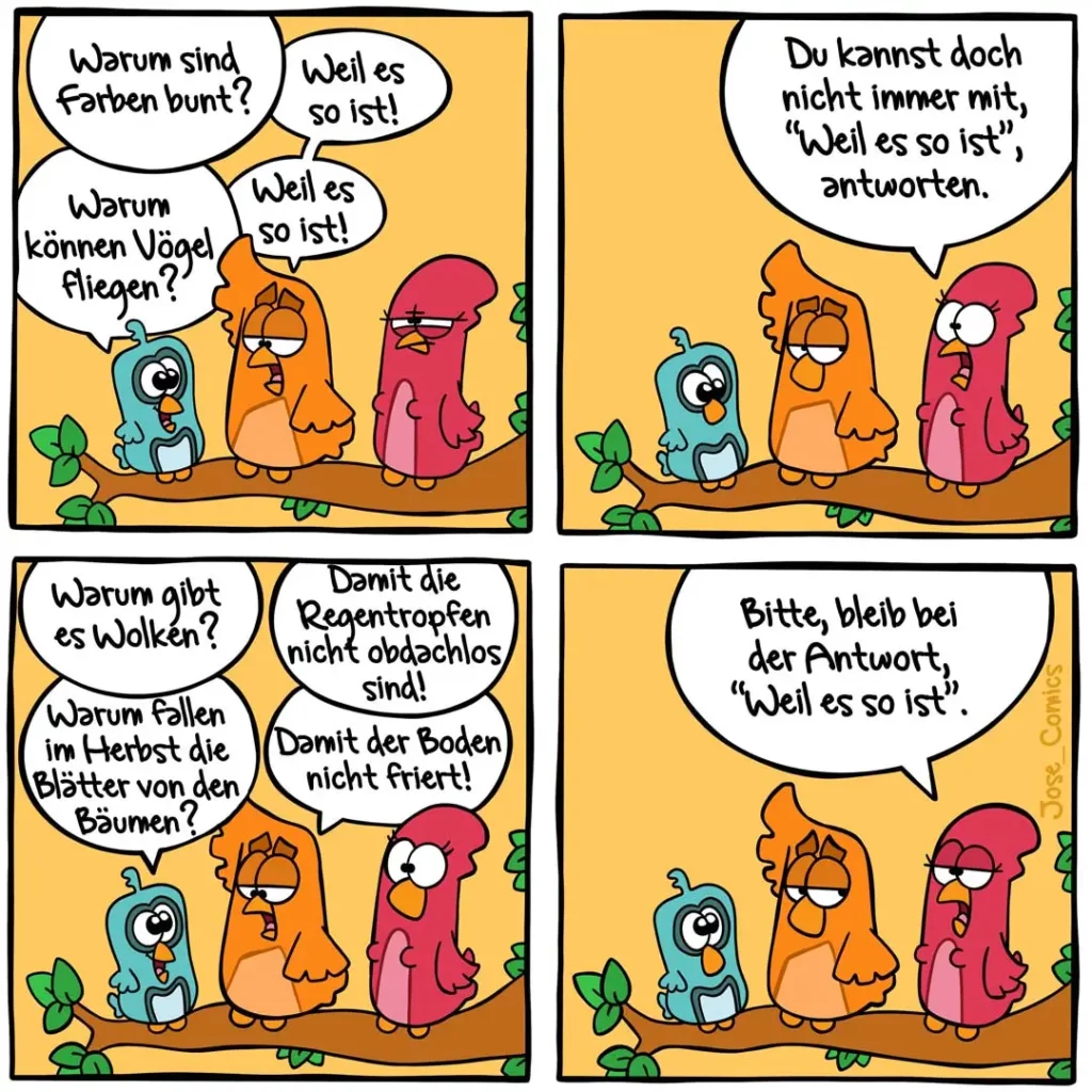 Drei bunte Vogelfiguren im Gespräch: Eine blaue Figur stellt Fragen, eine orange antwortet genervt mit «Weil es so ist», eine rote Figur schaut frustriert.