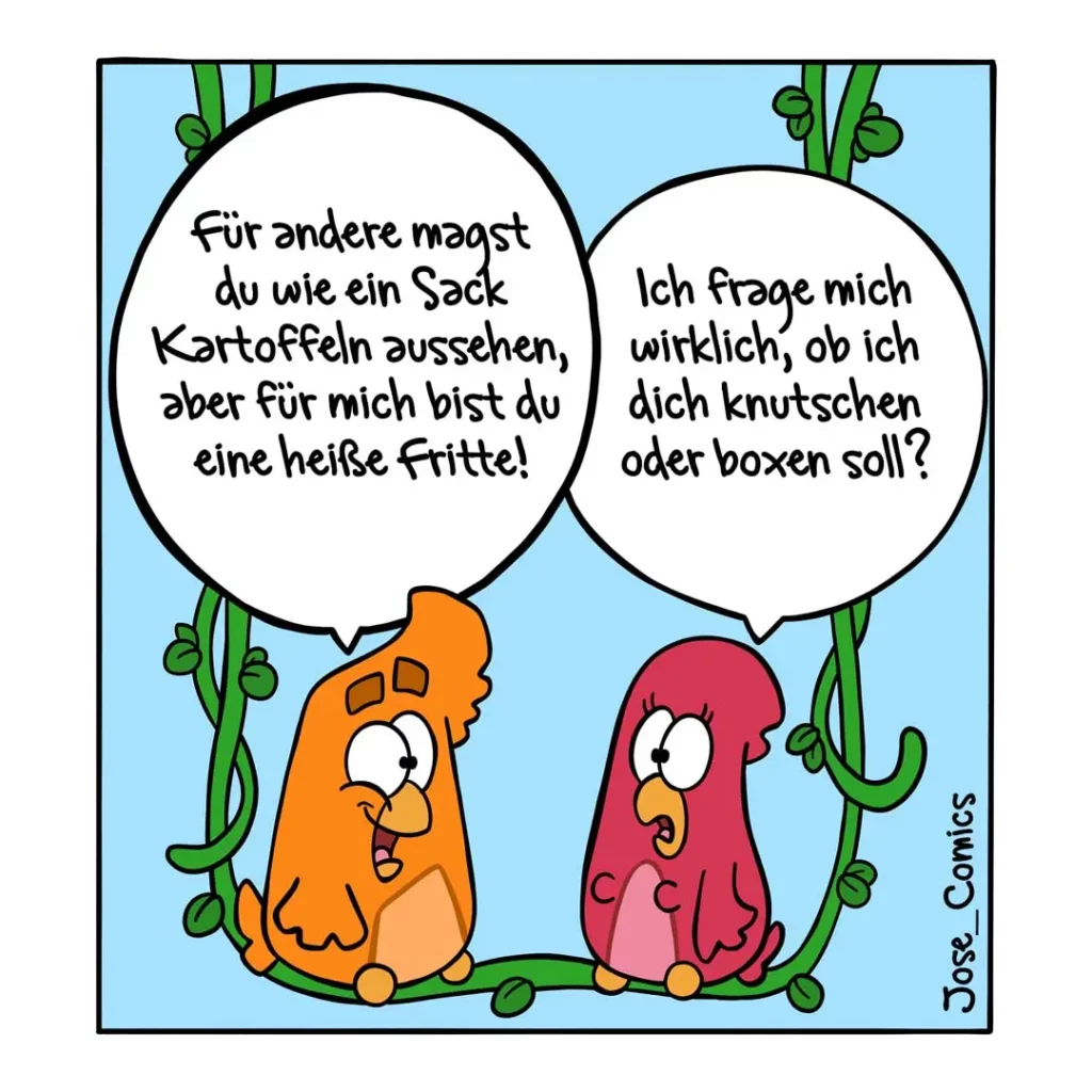Zwei bunte Kartoffelfiguren sitzen sich gegenüber, umgeben von grünen Ranken. Die orange Kartoffel spricht zur roten Kartoffel.