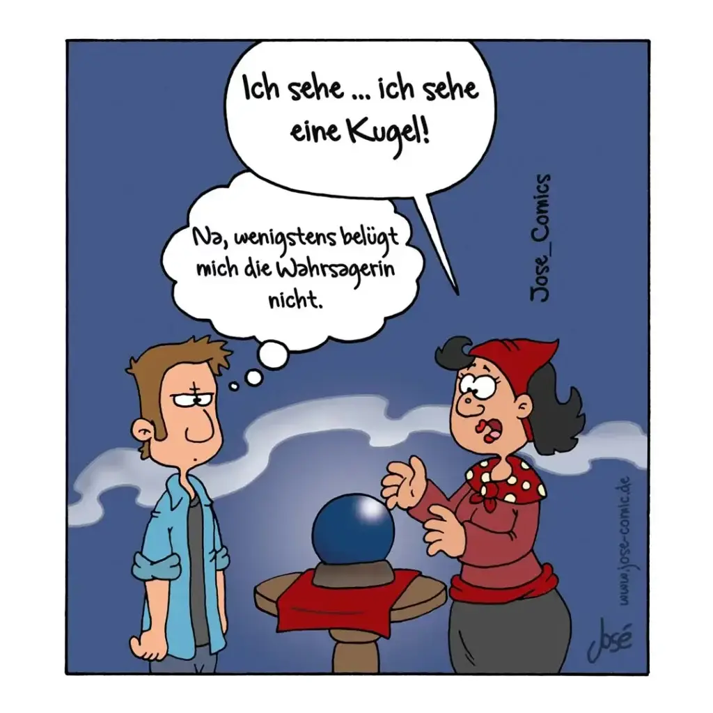 Zwei Menschen vor einer Glaskugel auf Ständer: Wahrsagerin in rotem Kleid mit Mütze, Mann in blauem Hemd schaut skeptisch